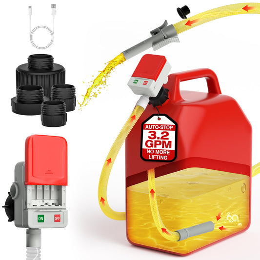 KEIMI Portable Fuel Transfer Pump with Auto-Stop, 3.2 Gallon per Min, 51" Extra Long Hose, Battery & USB Powered, 4 Can Adapters, Leak-proof Gas Pump for Oil, Diesel and Gasoline