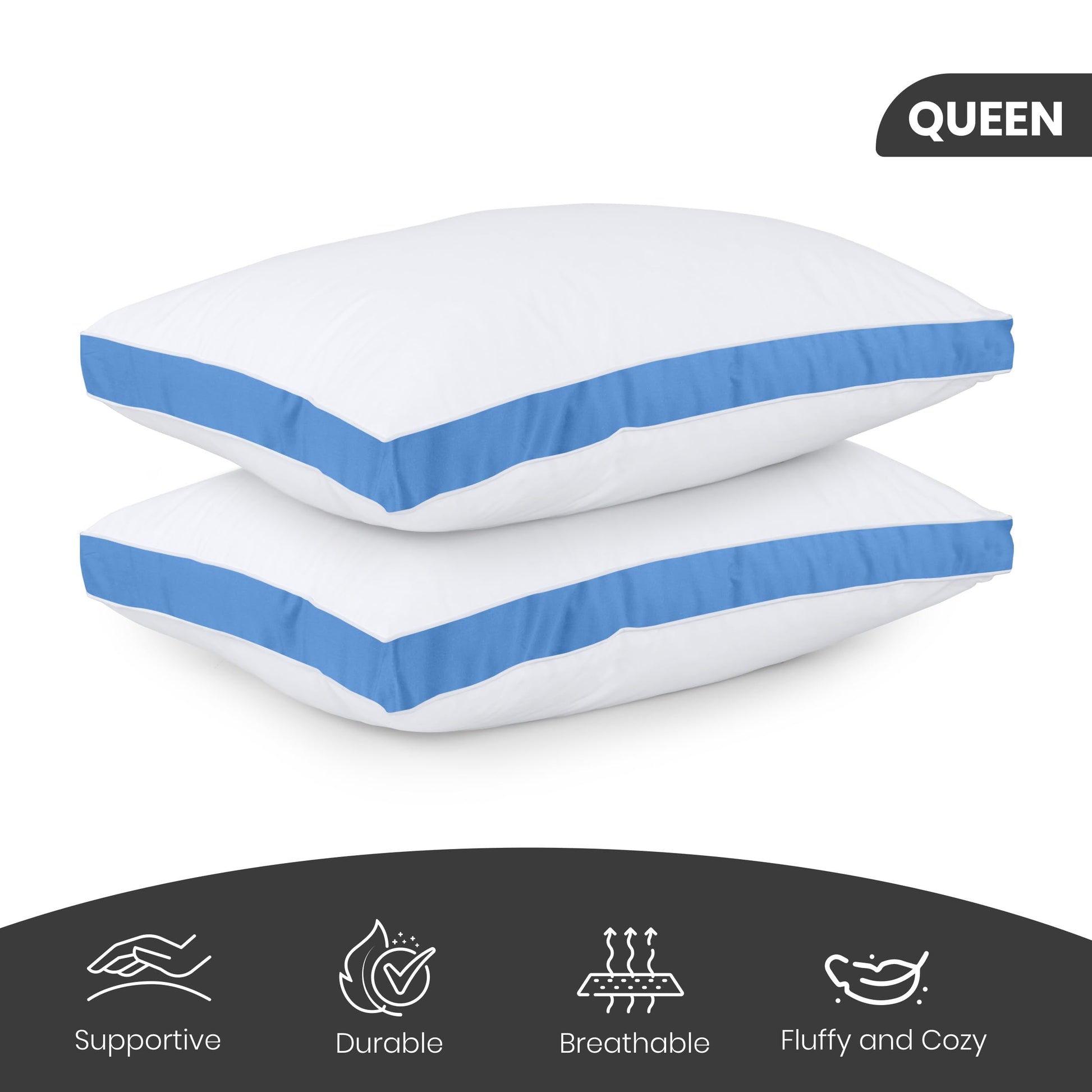 Utopia Bedding Bed Pillows for Sleeping Queen Size (Blue), Set of 2, Soft & Fluffy Pillow with Down Alternative Filling, Cooling, Hotel Quality, Gusseted Pillow for Back, Stomach or Side Sleepers