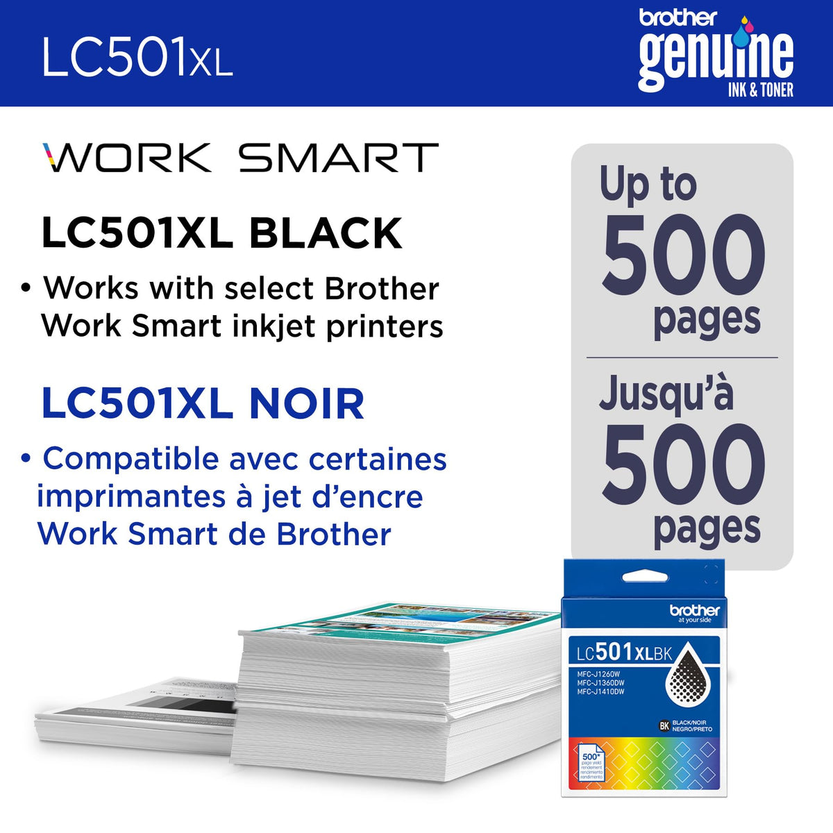 Brother Genuine LC501XLBKS High Yield Black Ink Cartridge for Brother Printer MFC-J1260DW, MFC-J1360DW, MFC-J1410DW