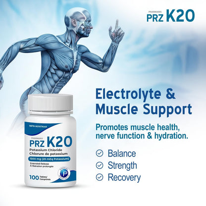 Pharmaris K-20 Potassium Chloride 1500mg Extended Release Tablets, Provides 20 mEq Potassium, Electrolyte Replenisher for Hypokalemia Treatment, Daily Use Supplement, 100 Tablets - Available at All In One Marketplace Canada