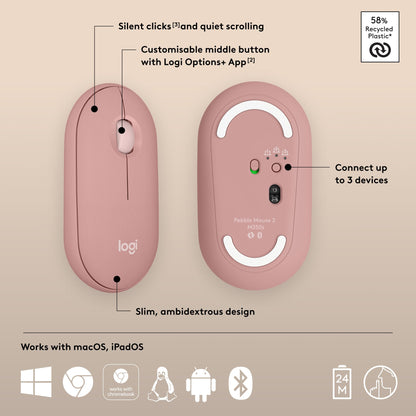 Logitech Pebble Mouse 2 M350s Slim Bluetooth Wireless Portable - Tonal Rose