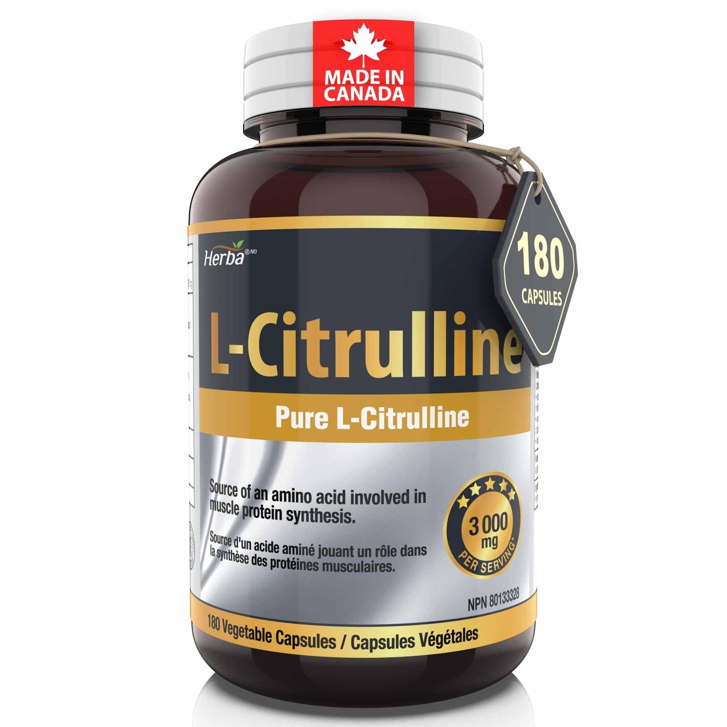 Herba L-Citrulline Capsules 750mg – 180 Capsules | 3,000mg Per Serving | Ultra Pure >98% | L Citrulline Nitric Oxide Supplement | Made & 3rd Party Tested in Canada - Available at All In One Marketplace Canada