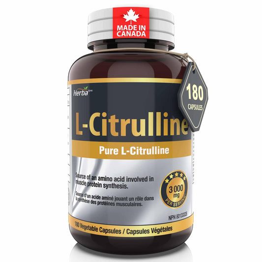 Herba L-Citrulline Capsules 750mg – 180 Capsules | 3,000mg Per Serving | Ultra Pure >98% | L Citrulline Nitric Oxide Supplement | Made & 3rd Party Tested in Canada - Available at All In One Marketplace Canada