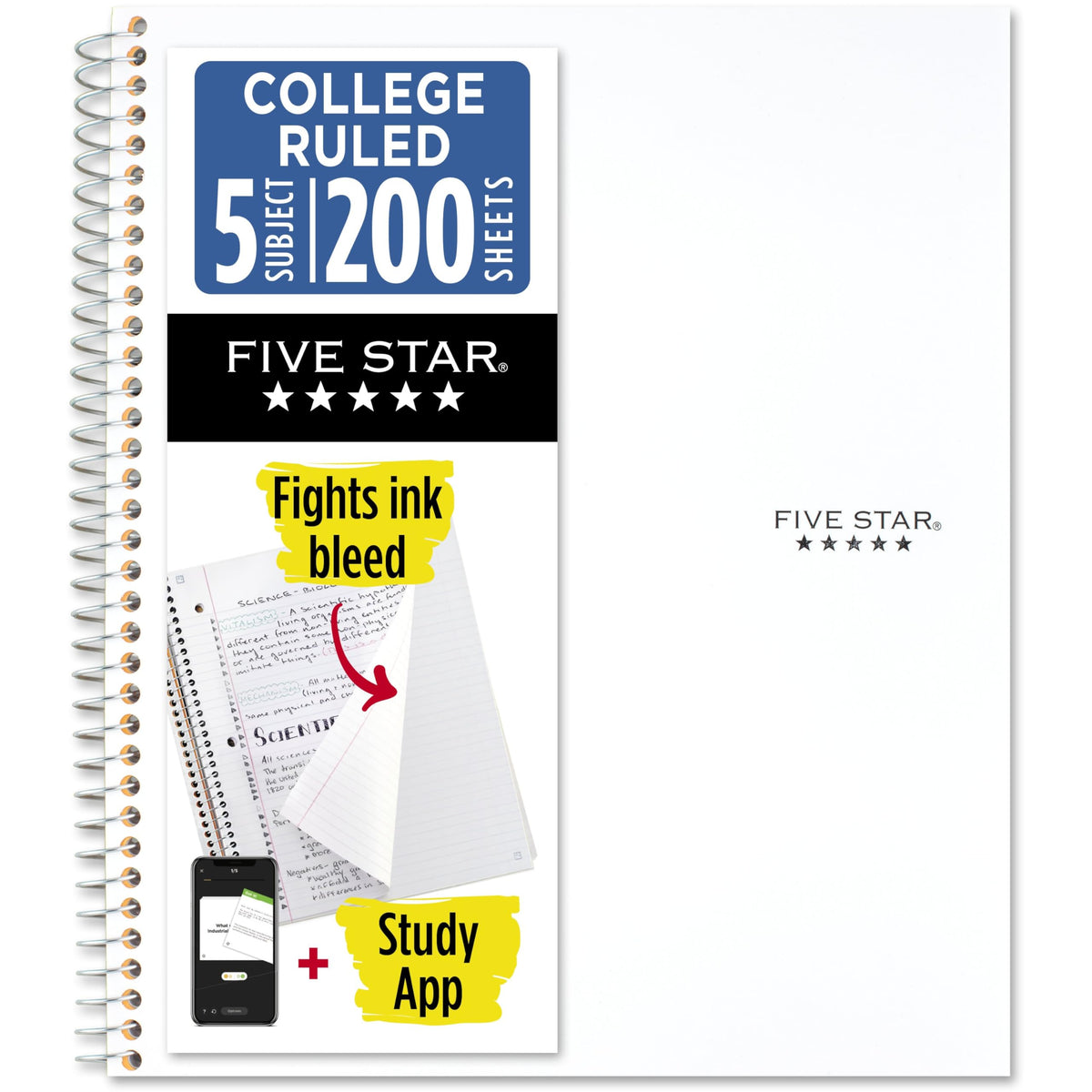 Five Star Spiral Notebook, 5-Subject, College Ruled Paper, 11 inches x 8-1/2 inches, 200 Sheets, White (72460)
