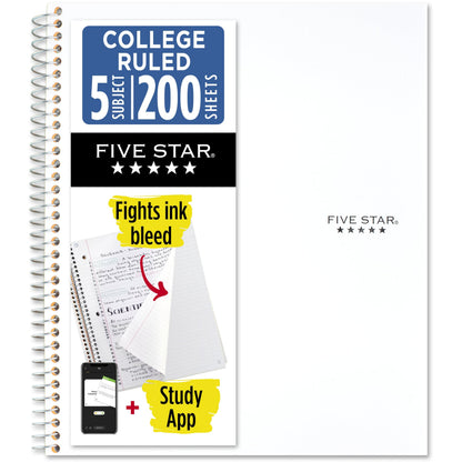 Five Star Spiral Notebook, 5-Subject, College Ruled Paper, 11 inches x 8-1/2 inches, 200 Sheets, White (72460)