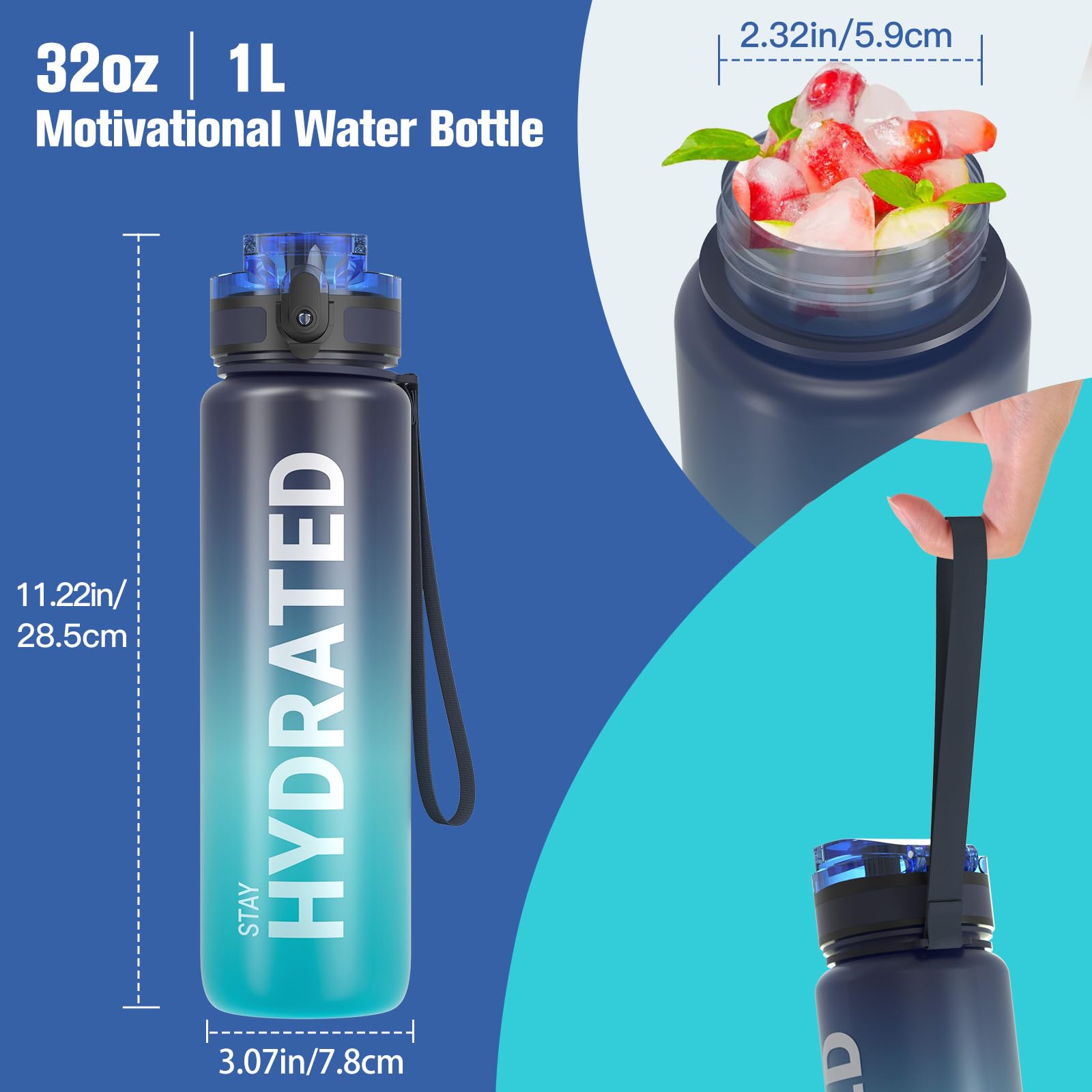Sahara Sailor Water Bottle, 32oz Motivational Sports Water Bottle with Time Marker - Times to Drink - Tritan, BPA Free, Wide Mouth Leakproof, Fast Flow Technology with Clean Brush (1 Bottle)