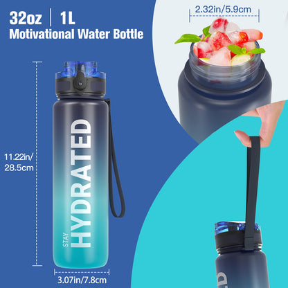 Sahara Sailor Water Bottle, 32oz Motivational Sports Water Bottle with Time Marker - Times to Drink - Tritan, BPA Free, Wide Mouth Leakproof, Fast Flow Technology with Clean Brush (1 Bottle)