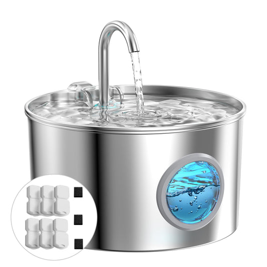 Stainless Steel Cat Water Fountain: Cat Water Dispenser - with 6 Filters + 3 Sponges - 2.2L Waters Fountain Indoor Pet - Pet Dispenser - Quiet Automatic Dog Drinking Bowl