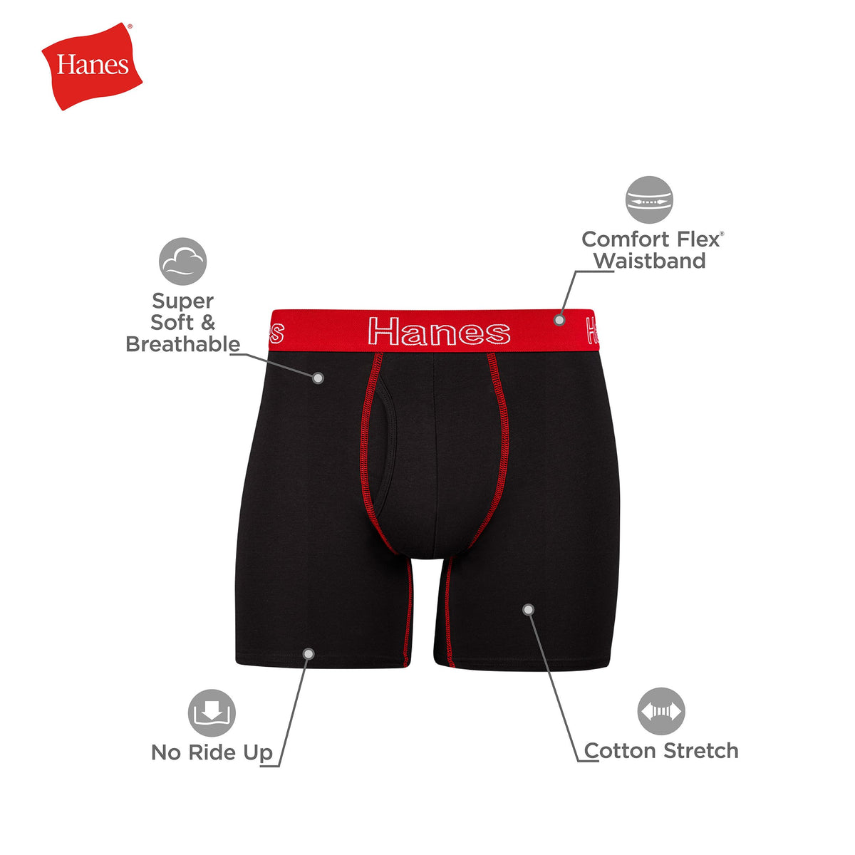 Hanes Mens Underwear Briefs, Cotton Stretch Moisture-Wicking Multi-Pack Boxer, Black - 6 Pack, Large US