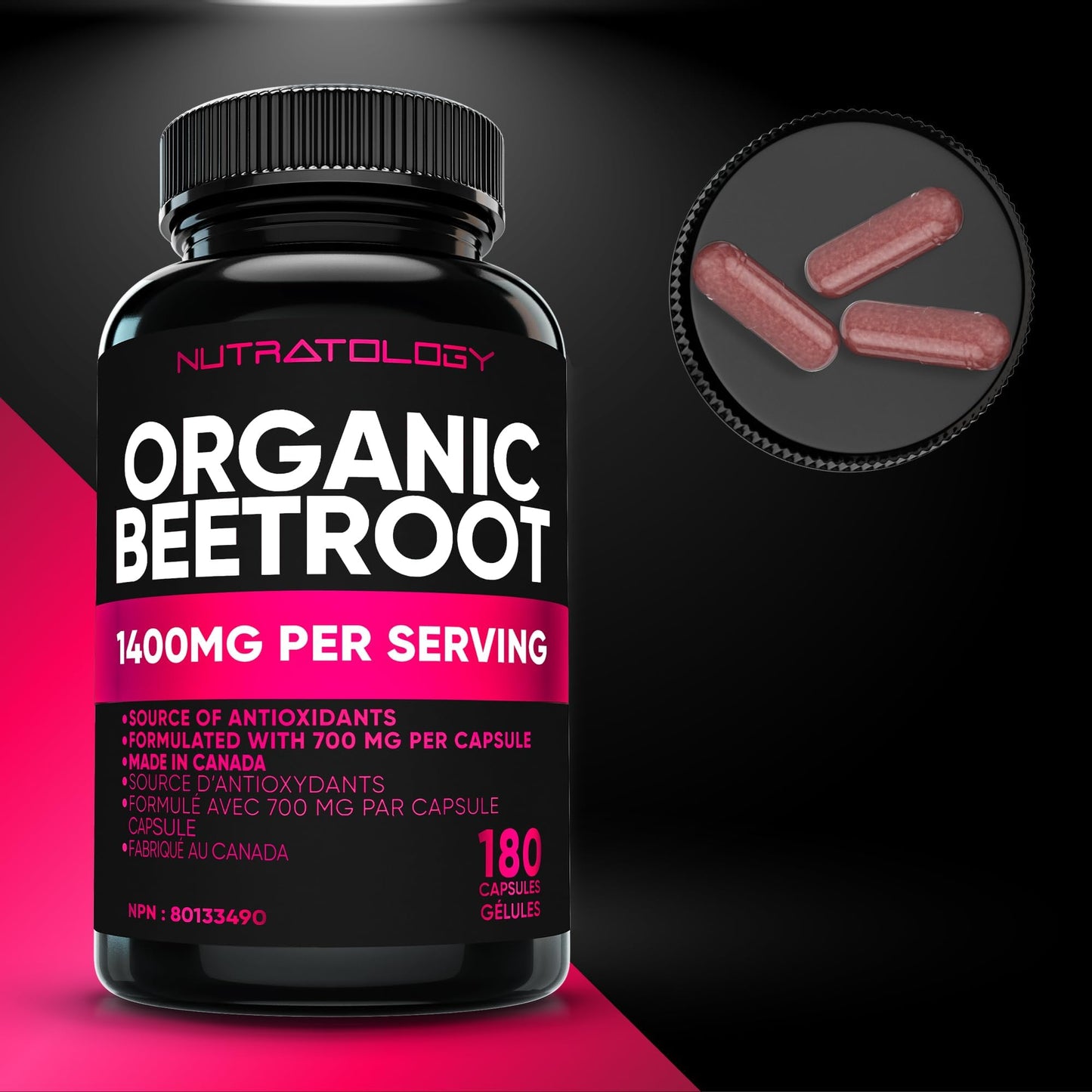 Nutratology® Organic Beetroot Capsules | 1400mg per Daily Serving | 180 Capsules | Canadian Made | Source of Antioxidants | Organic Beet Root Powder - Available at All In One Marketplace Canada
