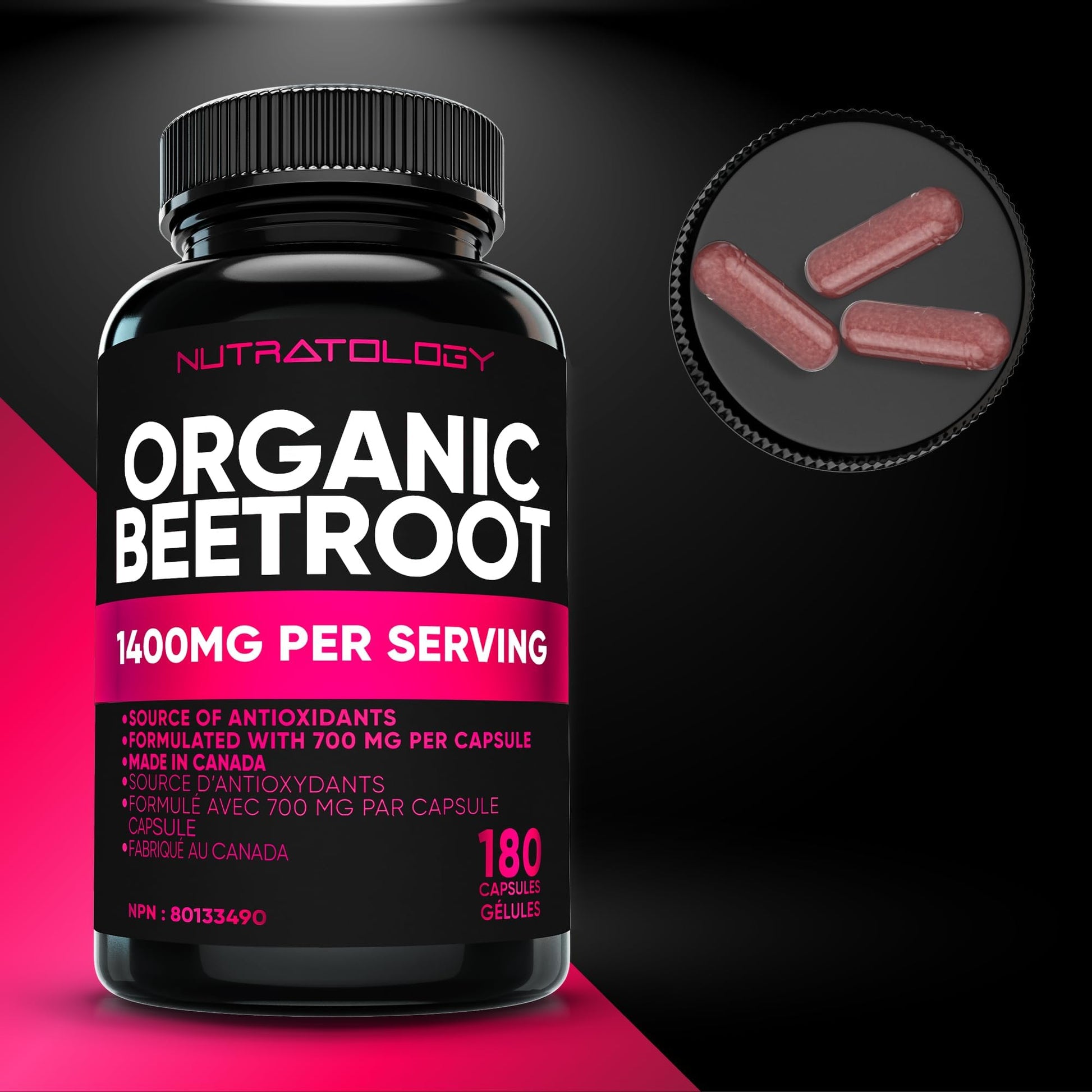 Nutratology® Organic Beetroot Capsules | 1400mg per Daily Serving | 180 Capsules | Canadian Made | Source of Antioxidants | Organic Beet Root Powder - Available at All In One Marketplace Canada