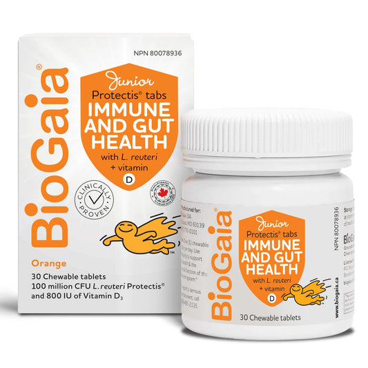 BioGaia Probiotic Junior Immune & Gut Health Tablets | New Format | Probiotic + 800 IU of Vit. D | 30-Day Supply/Chewable Tablets | For kids & Teens | Eases constipation | Helps maintain immune function | Development of bones and teeth | Prevent episodes - Available at All In One Marketplace Canada