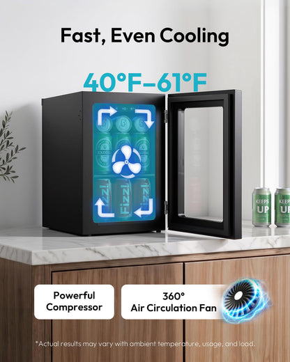 EUHOMY 18L Beverage Refrigerator Cooler, 24 Cans Mini Fridge with Quiet Compressor, Countertop Small Fridge with 40°F-61°F Digital Temperature Control, LED Lgiht for Home, Bar, Office