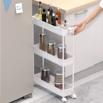 SPACELEAD Slim Storage Cart,3 Tier Bathroom Rolling Utility Cart Storage Organizer Slide Out Cart, Mobile Shelving Unit Organizer Trolley for Office Bathroom Kitchen Laundry Room Narrow Places, White - Available at All In One Marketplace Canada
