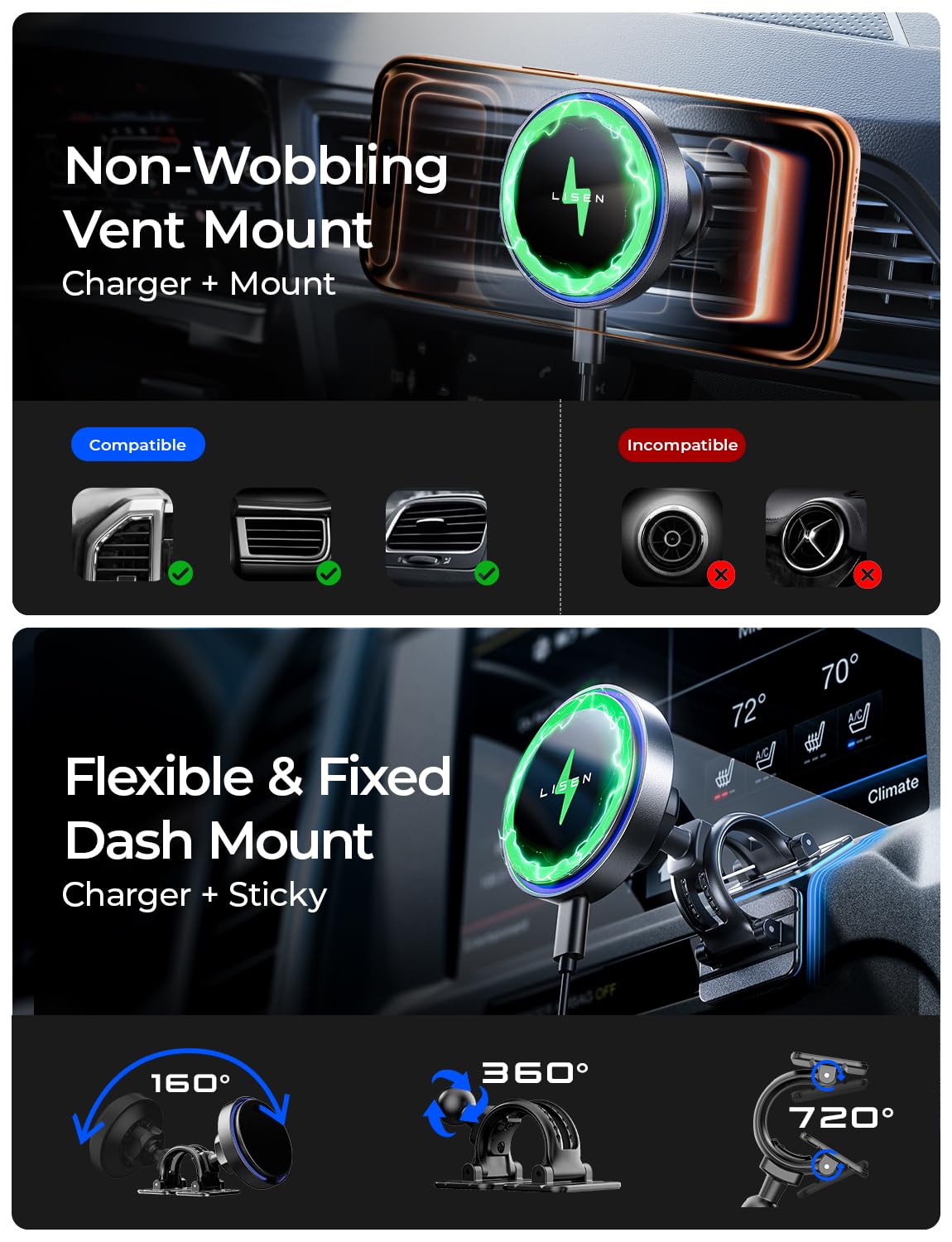 LISEN 15W for MagSafe Car Mount Charger【24 Strongest Magnets】 Phone Holder Car Magnetic Wireless Charger【360°】 Vent & Dashboard MagSafe Car Accessories for Mom for iPhone 17 Pro 16 15 14 13 - Available at All In One Marketplace Canada