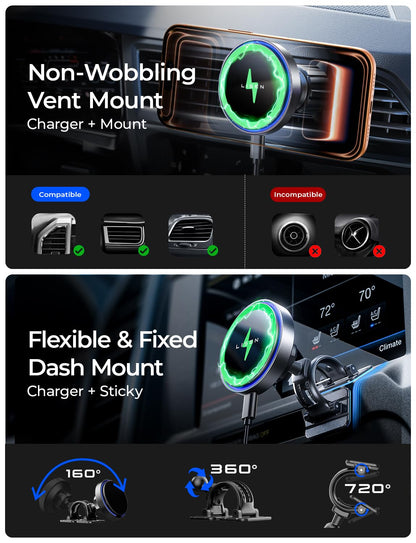 LISEN 15W for MagSafe Car Mount Charger【24 Strongest Magnets】 Phone Holder Car Magnetic Wireless Charger【360°】 Vent & Dashboard MagSafe Car Accessories for Mom for iPhone 17 Pro 16 15 14 13 - Available at All In One Marketplace Canada