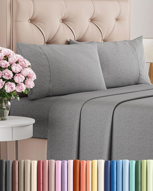 Queen Size 4 Piece Sheet Set - Comfy Breathable & Cooling Sheets - Hotel Luxury Bed Sheets for Women & Men - Deep Pockets, Easy-Fit, Soft & Wrinkle Free Sheets - Heathered Grey Oeko-Tex Bed Sheet Set