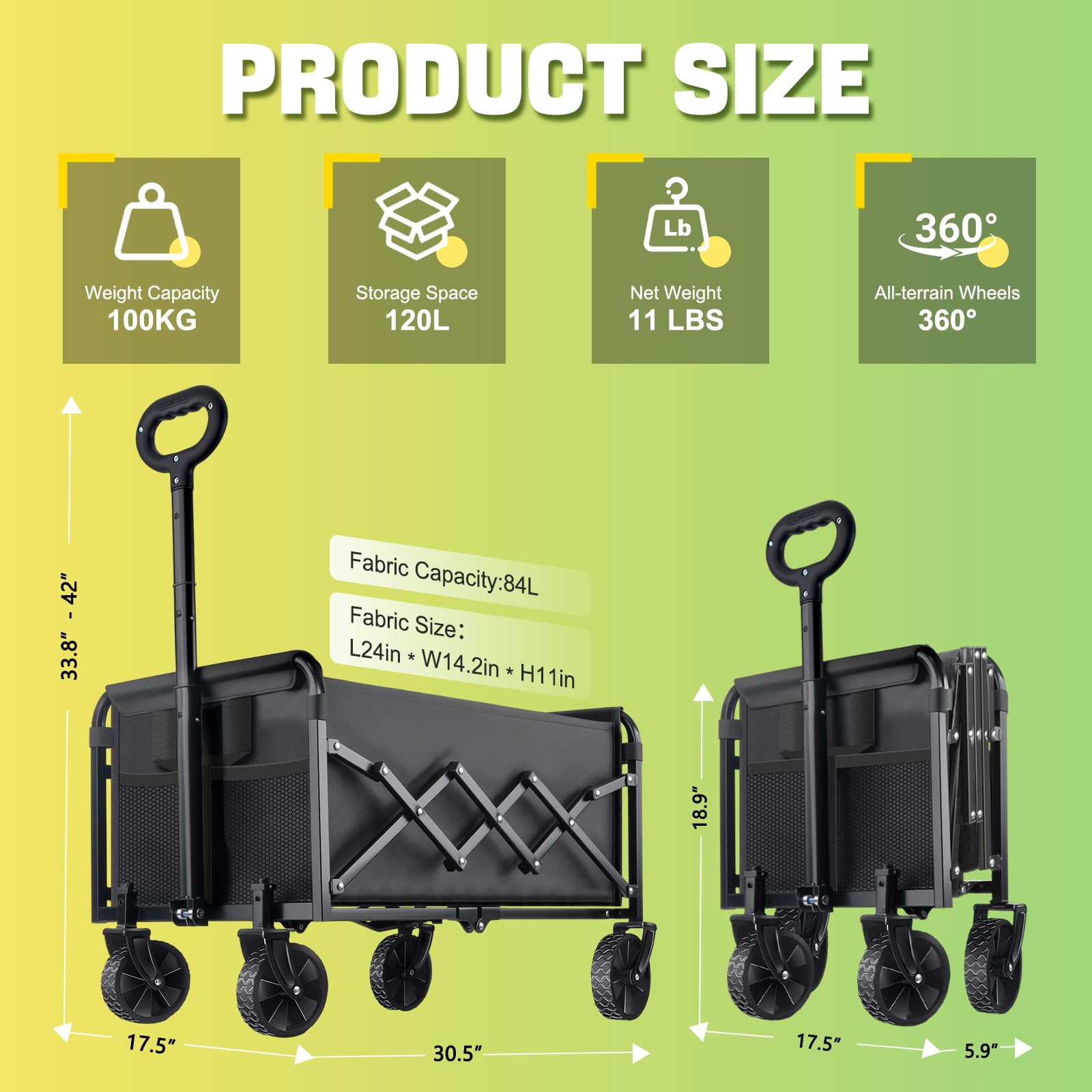100KG Collapsible Foldable Wagon Carts - Heavy Duty Portable Folding Utility Wagons with All-Terrain Wheels for Grocery Sports Shopping Camping Garden Beach, 2 Drink Holders/Lightweight/Black - Available at All In One Marketplace Canada