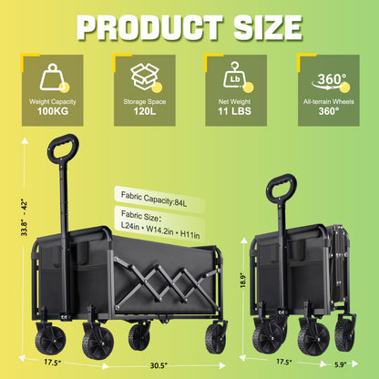 100KG Collapsible Foldable Wagon Carts - Heavy Duty Portable Folding Utility Wagons with All-Terrain Wheels for Grocery Sports Shopping Camping Garden Beach, 2 Drink Holders/Lightweight/Black - Available at All In One Marketplace Canada