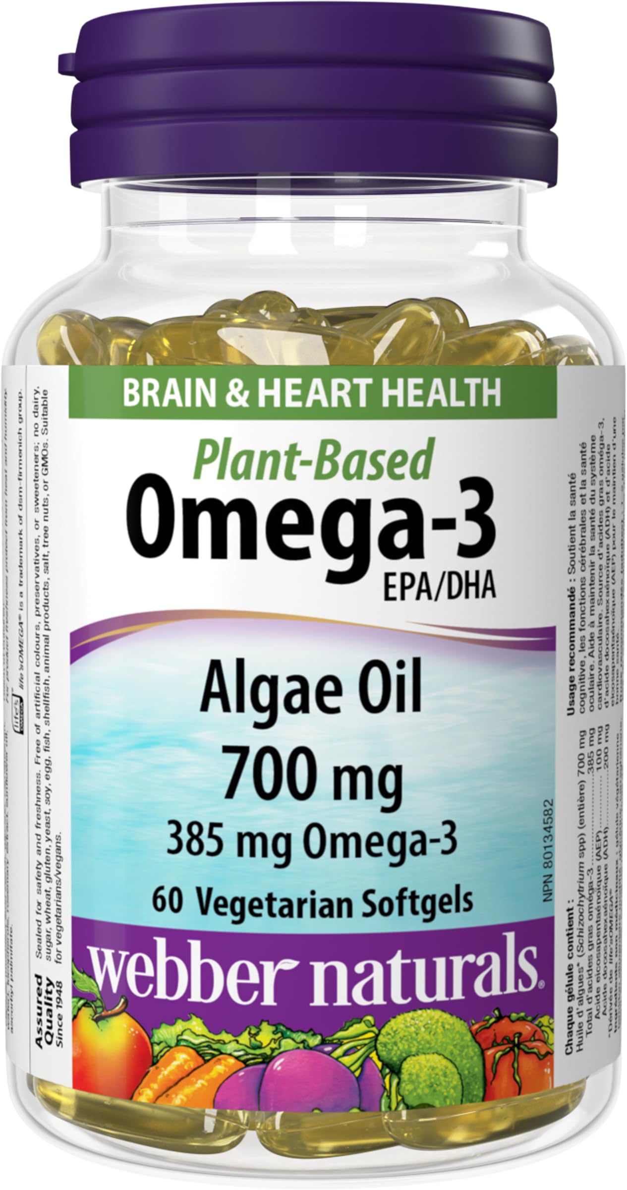 Webber Naturals Plant-Based Omega-3, 60 Softgels, Fish-Free Source of Omega-3, From Sustainably Cultivated Algae, Vegan - Available at All In One Marketplace Canada