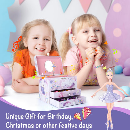 Homtibrm Musical Jewellery Box For Girls - Large Kids Jewellery Music Box with 2 Pullout Drawers & Unicorn Jewellery Set, Great Birthday Gifts for Girls Christmas Gifts (Pink Ballerina) 🍁 All In One Marketplace Canada