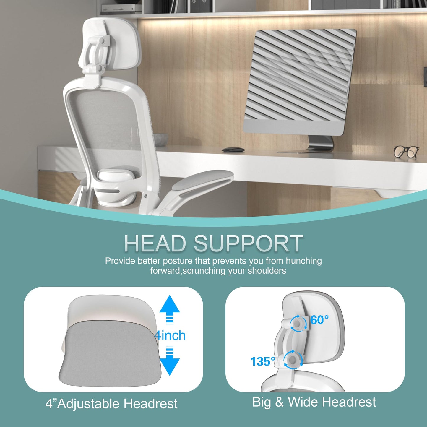 Mimoglad Office Chair, Comfy Desk Chair - High Back Ergonomic Computer Chair with Adjustable Lumbar Support & Headrest, Flip-up Armrests for Guitar Playing (Moon Grey)