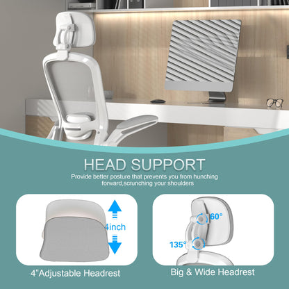 Mimoglad Office Chair, Comfy Desk Chair - High Back Ergonomic Computer Chair with Adjustable Lumbar Support & Headrest, Flip-up Armrests for Guitar Playing (Moon Grey)