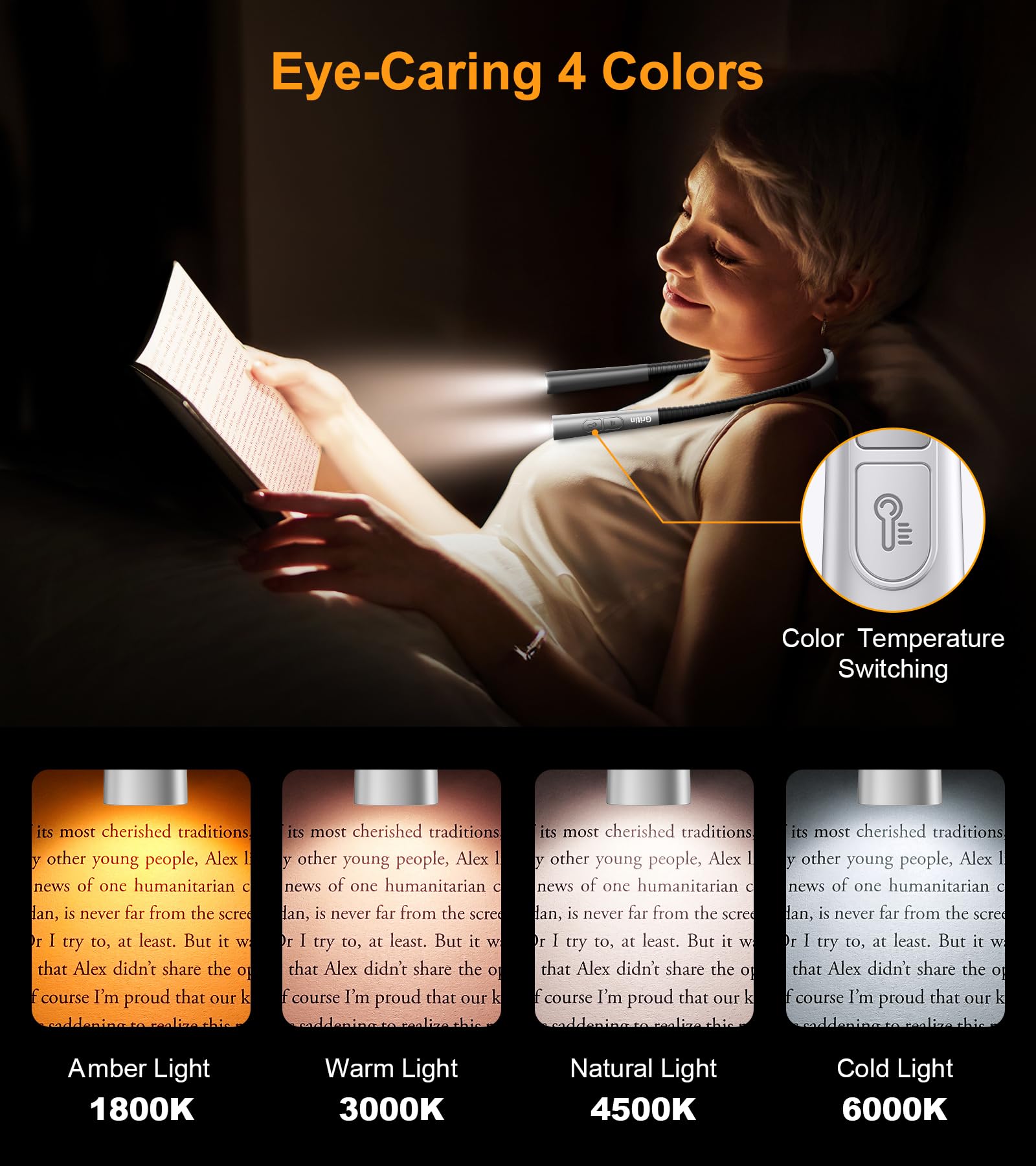 Gritin Rechargeable Book Light, Eye Caring Neck Reading Light 4-Color&5-Brightness, Stepless Dimming, 30-min Timer, 80H+ Runtime, Bendable Round Neck Design, Lightweight for Reading,Knitting,Repairing - Available at All In One Marketplace Canada