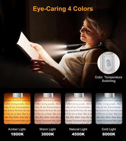Gritin Rechargeable Book Light, Eye Caring Neck Reading Light 4-Color&5-Brightness, Stepless Dimming, 30-min Timer, 80H+ Runtime, Bendable Round Neck Design, Lightweight for Reading,Knitting,Repairing - Available at All In One Marketplace Canada