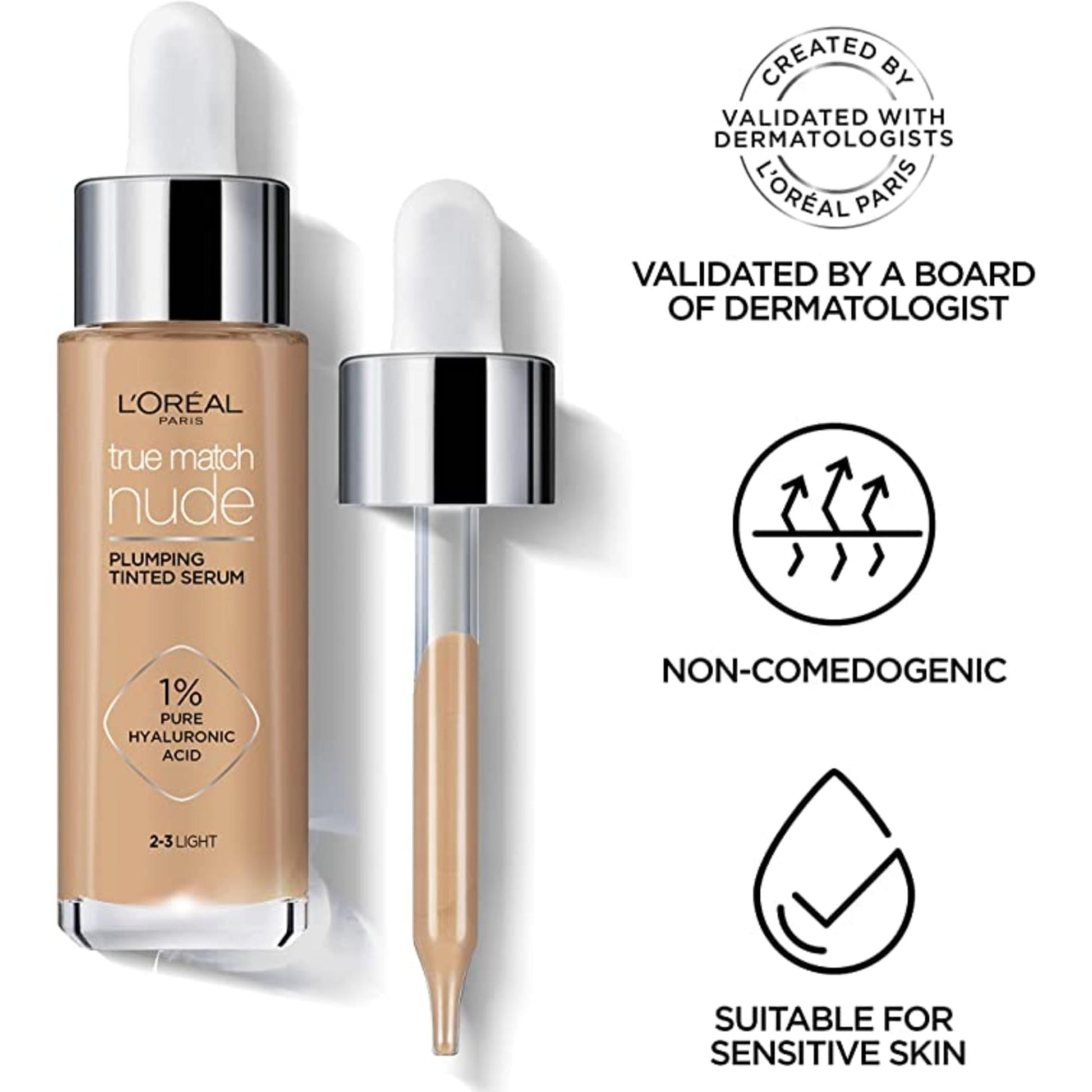 L’Oréal Paris True Match Nude Hyaluronic Foundation, Tinted Face Serum Foundation with Hyaluronic Acid for Lightweight Coverage and Instant Hydration, Radiant Finish - Light, 30 mL - Available at All In One Marketplace Canada