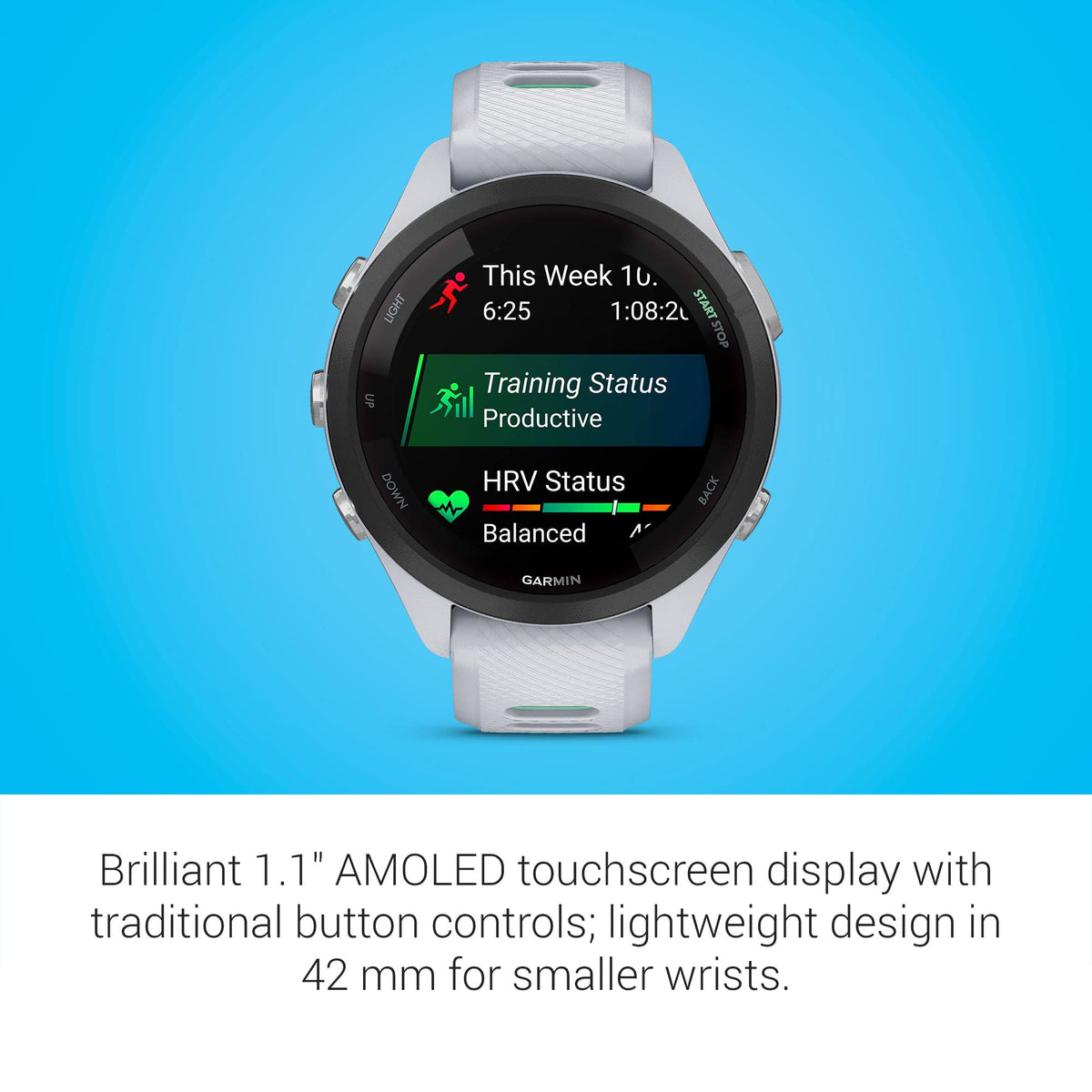 Garmin Forerunner® 265S Running Smartwatch, Colorful AMOLED Display, Training Metrics and Recovery Insights, Whitestone and Neo Tropic