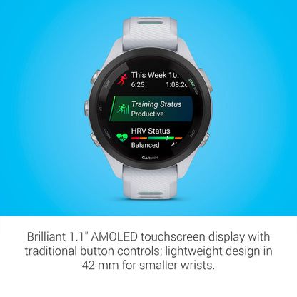 Garmin Forerunner® 265S Running Smartwatch, Colorful AMOLED Display, Training Metrics and Recovery Insights, Whitestone and Neo Tropic