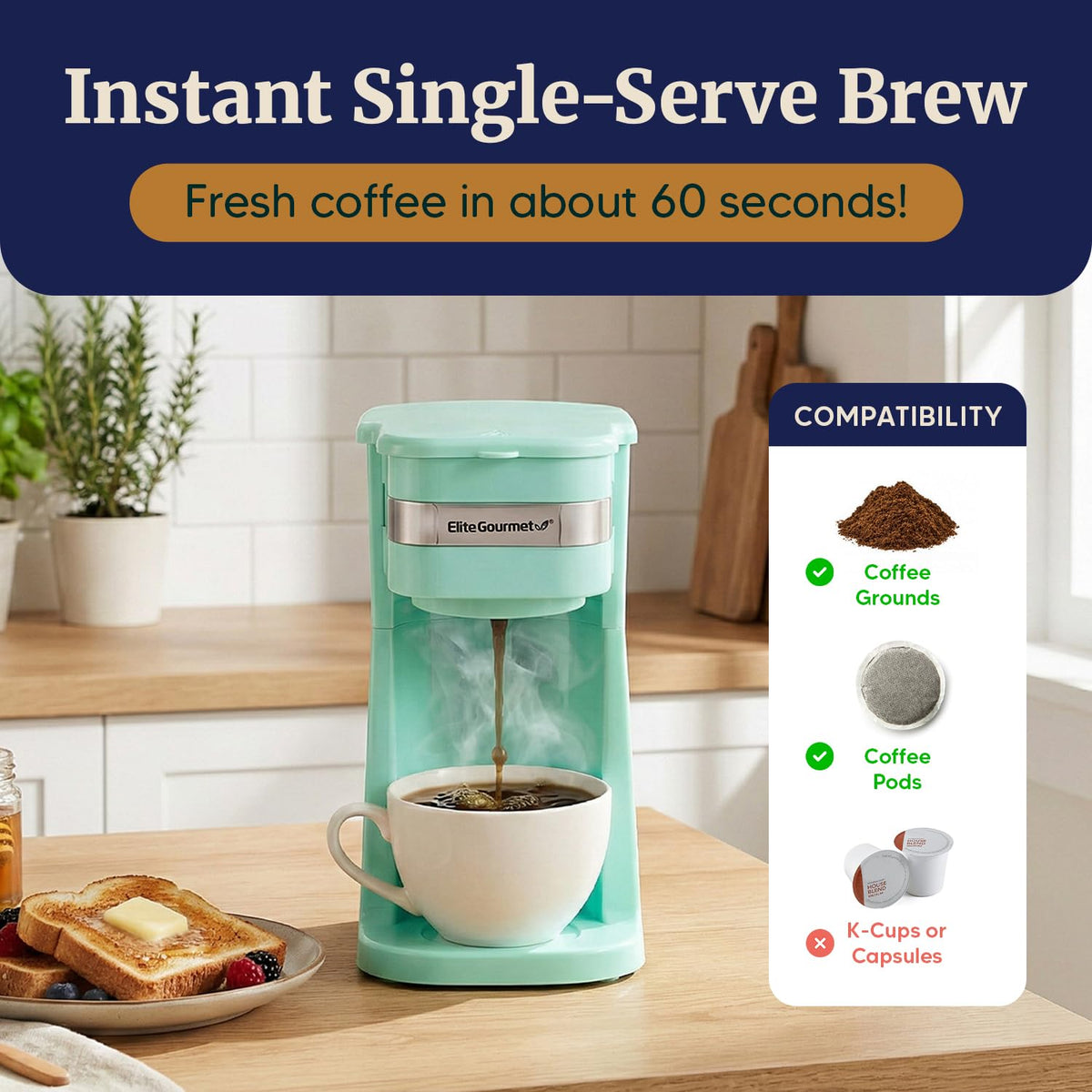 Elite Gourmet EHC113M Personal Single-Serve Compact Coffee Maker Brewer Includes 14Oz. Stainless Steel Interior Thermal Travel Mug, Compatible with Coffee Grounds, ReCaable Filter, Mint