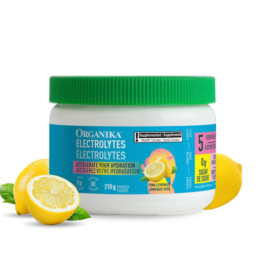 Organika Canadian-Made Electrolytes Powder with Vitamin C & Prebiotic Fibre - Sugar-Free Hydration Drink Mix - Pink Lemonade - 210 g - 60 servings