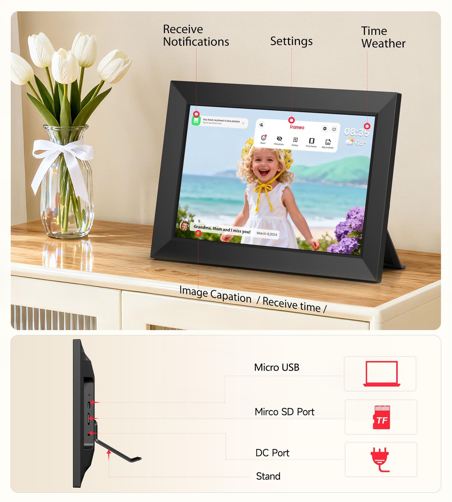 Frameo 10.1 Inch WiFi Digital Picture Frame, 1280x800 HD IPS Touch Screen Photo Frame Electronic, 32GB Memory, Auto-Rotate, Wall Mountable, Share Photos/Videos Instantly via Frameo App from Anywhere
