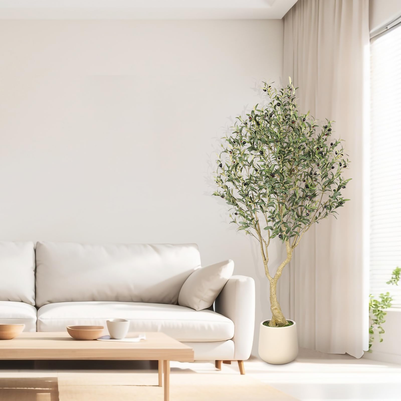 Realead 6ft Artificial Olive Tree with Tall Exquisite Planter - Realistic Faux Olive Tree with Thick Trunk and Lifelike Fruits - Large Fake Olive Tree for Home Office Decor - Available at All In One Marketplace Canada