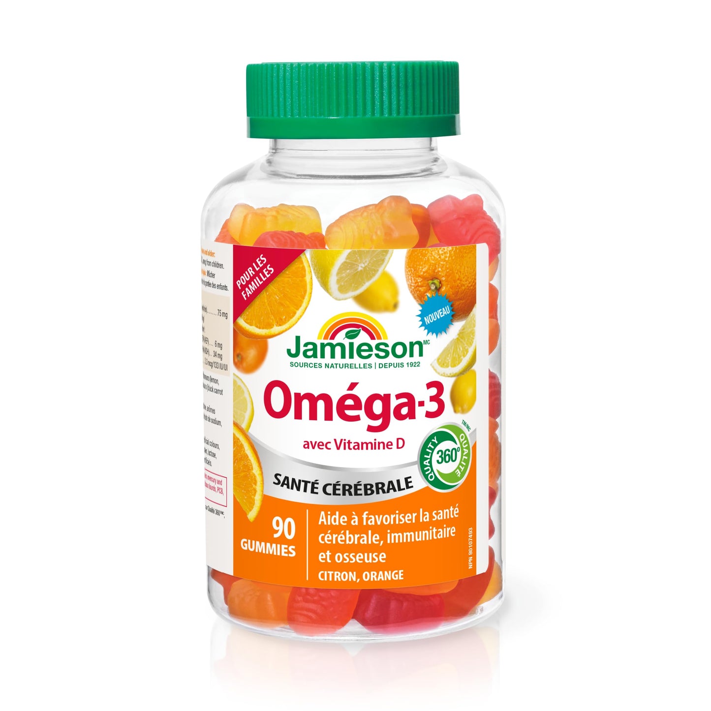 Jamieson Omega-3 Gummy with Vitamin D3, 90 Gummies, Orange and Lemon Flavours, Family Friendly (3+). Supports Brain Health and Immune Health, Non-GMO No Artificial Colours, Flavours, or Preservatives