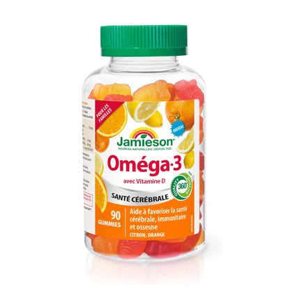 Jamieson Omega-3 Gummy with Vitamin D3, 90 Gummies, Orange and Lemon Flavours, Family Friendly (3+). Supports Brain Health and Immune Health, Non-GMO No Artificial Colours, Flavours, or Preservatives