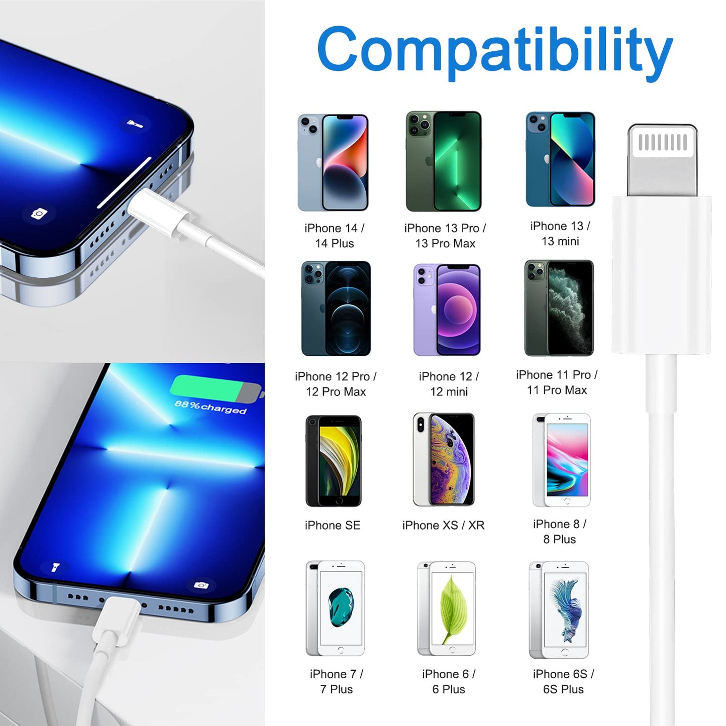 iPhone Lightning Cable [Apple MFi Certified], 4Pack iPhone Charger Cable 6FT, USB to Lightning Cable, Apple 2.4A Fast Charging Cord for iPhone 14/13/12/11 Pro/11/XR/8/7/6s Plus, iPad Pro/Air/Mini - Available at All In One Marketplace Canada