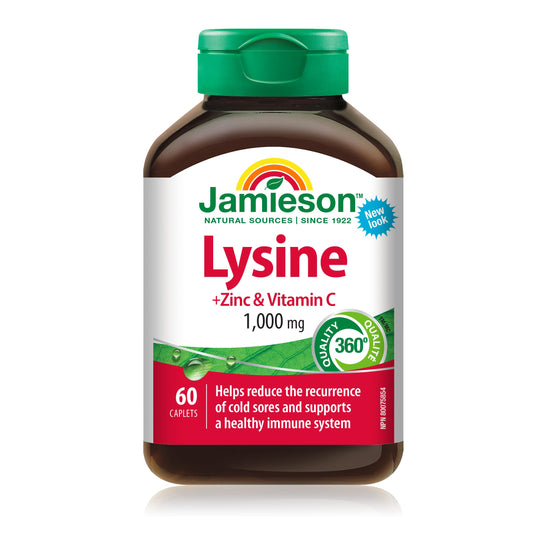 Jamieson Lysine 1,000 mg, with Zinc and Vitamin C, Cold Sore Support, and Helps Immune Health. Essential Amino Acid, Non-GMO, Gluten-Free, 60 Vegetarian Caplets, Proudly Canadian - Available at All In One Marketplace Canada