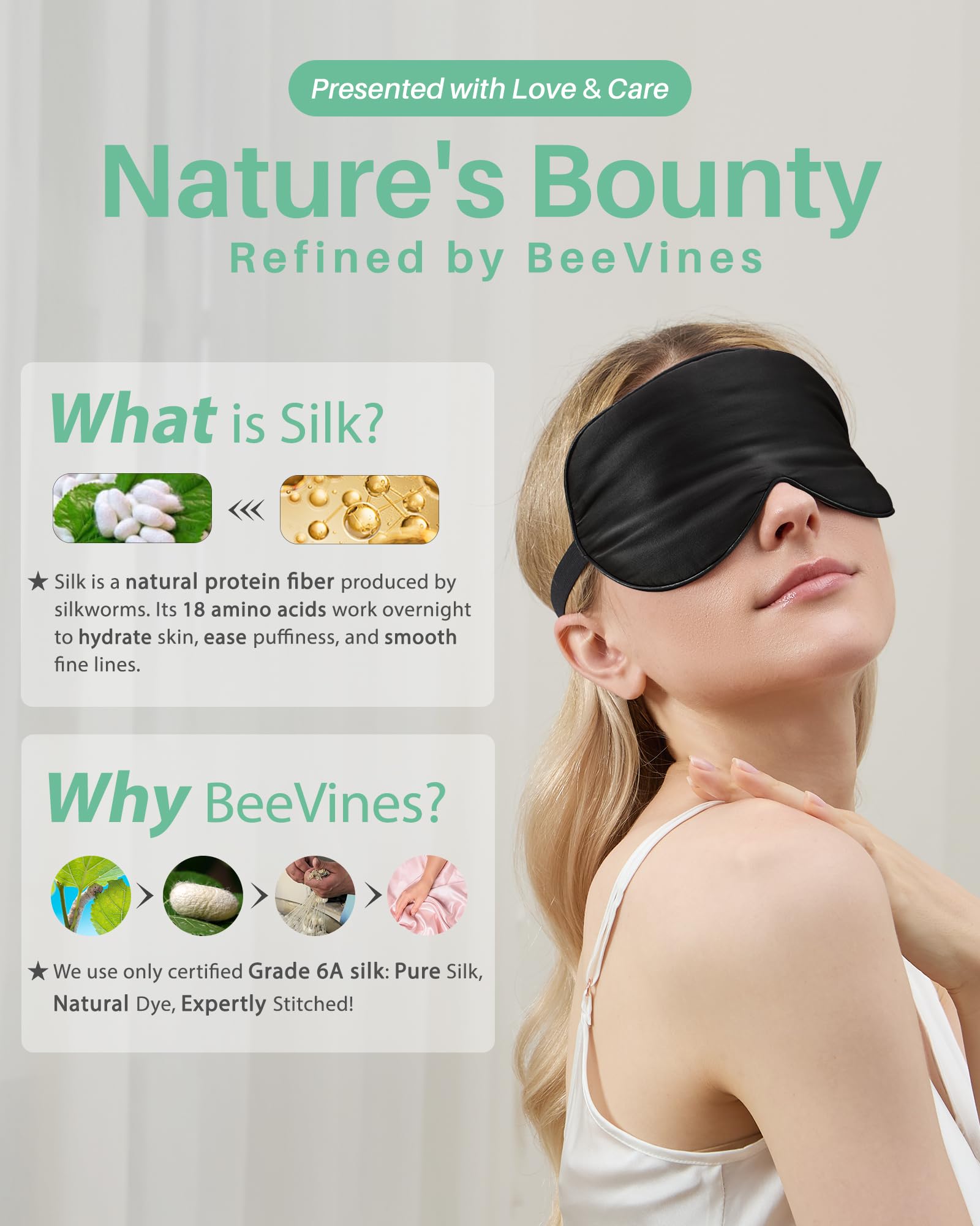 BeeVines Silk Sleep Mask for Men, 2 Pack 100% Natural Mulberry Silk Eye Mask with Adjustable Strap, Sleeping Aid Blindfold for Nap, Soft Eye Sleep Shade Cover, 100% Blocks Light Reduces Puffy Eyes (Black)