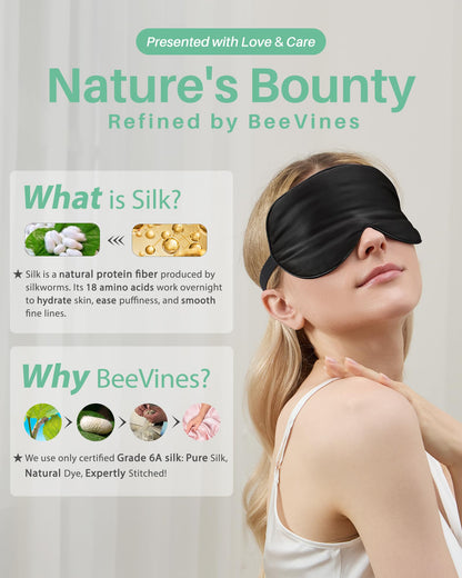 BeeVines Silk Sleep Mask for Men, 2 Pack 100% Natural Mulberry Silk Eye Mask with Adjustable Strap, Sleeping Aid Blindfold for Nap, Soft Eye Sleep Shade Cover, 100% Blocks Light Reduces Puffy Eyes (Black)
