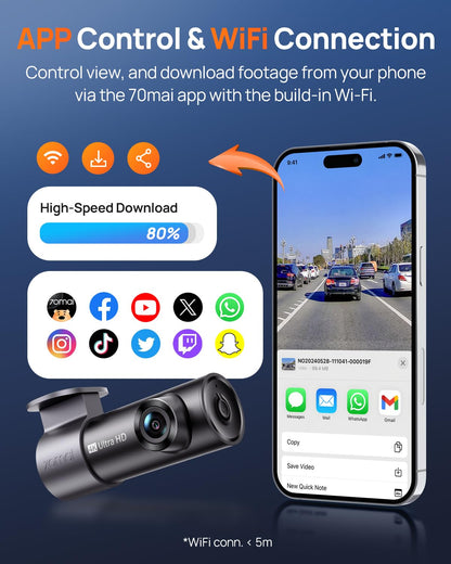 70mai 4K Front Dash Cam Built in WiFi, Smart Dash Camera for Cars, WDR, Night Vision, iOS/Android Mobile App, WDR, Night Vision, Loop Recording, Parking Monitor, Time-Lapse (M310 Plus 4K) (2160P) - Available at All In One Marketplace Canada