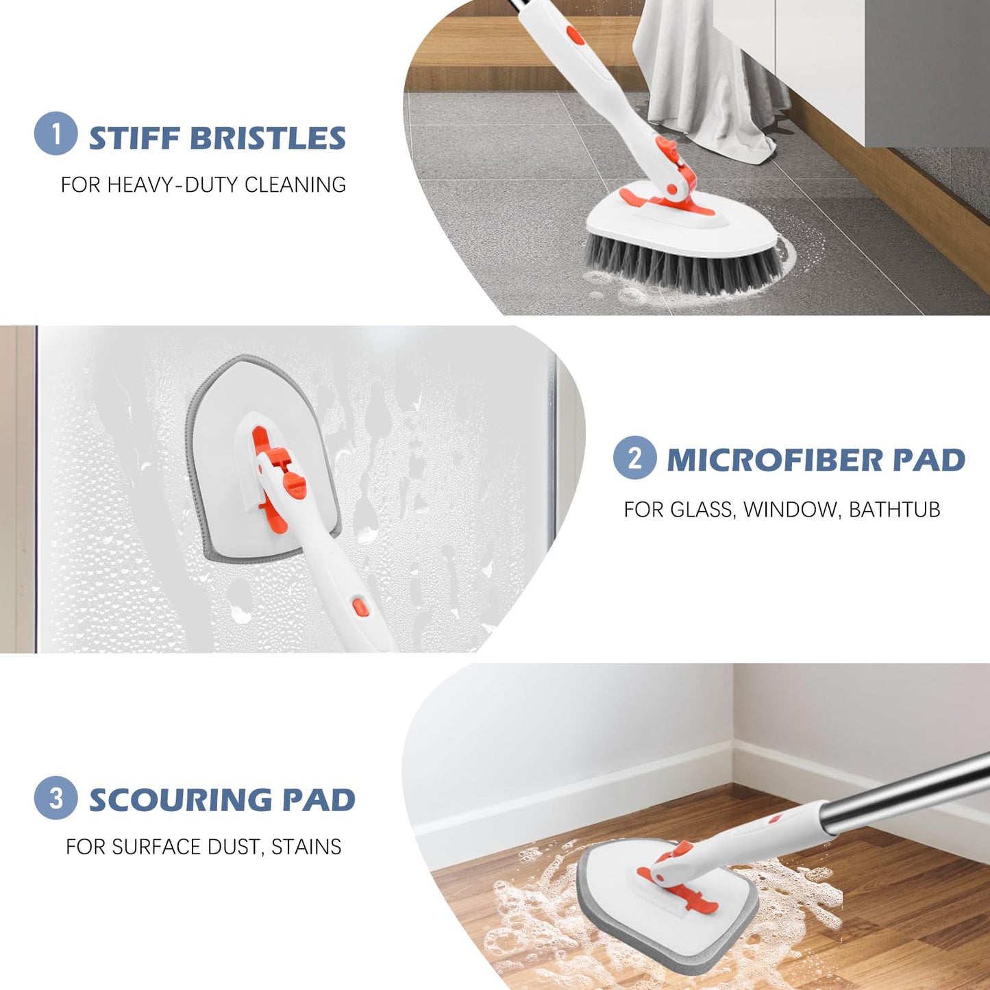Setsail Floor Scrub Brush, 3-In-1 Tile Tub Floor Scrubber with 52-inch Adjustable Long Handle Shower Cleaner Brush and 3 Detachable Replacement Brush Heads for Cleaning Bathroom Kitchen Walls Tub Tile - Available at All In One Marketplace Canada