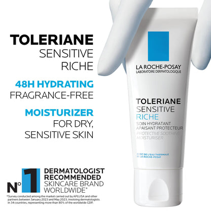 La Roche-Posay Face Moisturizer for Dry, Sensitive Skin, Toleriane Sensitive Rich Face Cream with Niacinamide & Ceramides, Alcohol Free, Fragrance Free & Recommended by Dermatologists, 40mL