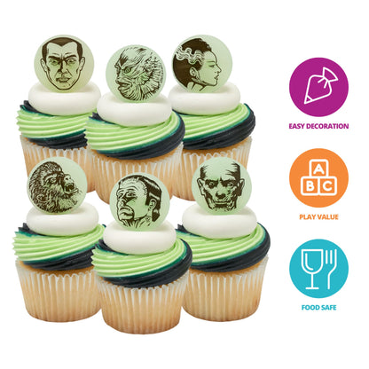 24 anneaux à cupcakes phosphorescents Monstres Universal, décorations de cupcakes d'Halloween, incluant Dracula, Frankenstein, le Loup-garou, la Momie, l'Homme invisible, décorations de gâteaux adaptées au contact alimentaire – Lot de 24