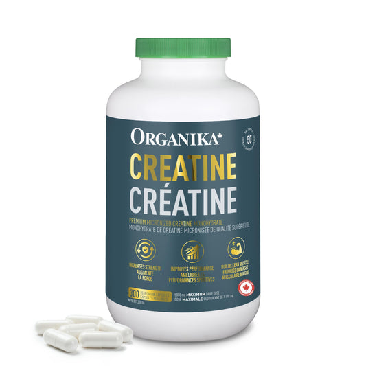 Organika Canadian-Made Creatine Capsules- Pure Micronized Creatine Monohydrate - Helps Build Lean Muscle, Increase Strength, and Improved Recovery and Performance for Men and Women- 300vcaps