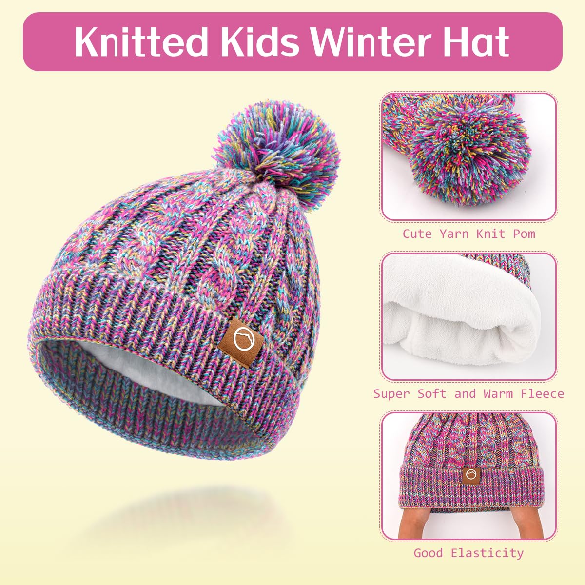 KIRAAT Kids Winter Pom Beanie Hat Scarf Gloves Set,Toddler Girls Boys Warm Knitted Fleece Lining Slouchy Cap for 3-10 Years Rainbow 🍁 All In One Marketplace Canada