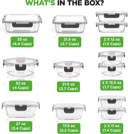 NutriChef 24-Pc Glass Food Storage Containers, Airtight Leakproof Lids