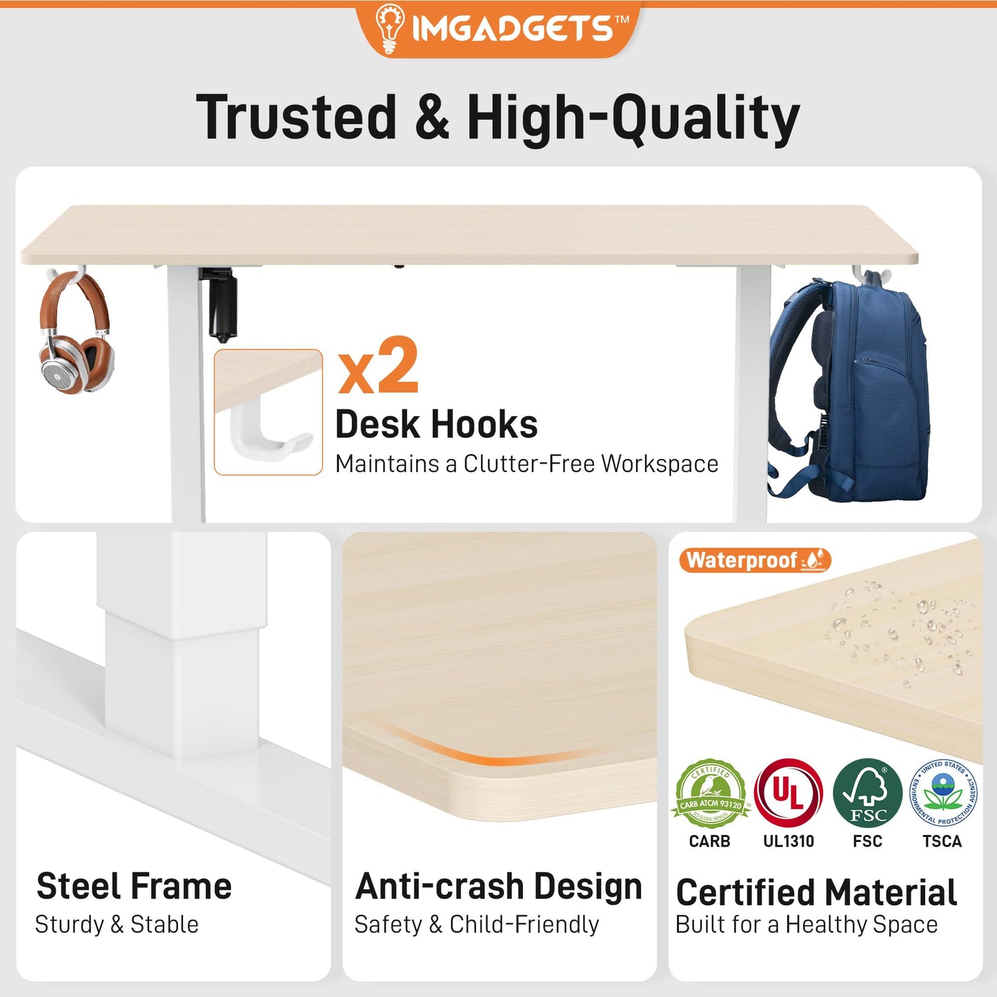 IMGadgets Electric Standing Desk, 47x24 Inches Height Adjustable, 2026 6th Gen Quiet Motor Ergonomic Sit Stand Desk, Computer Desk for Home Office, Height Memory Buttons, Display, 2 Headphone Holders